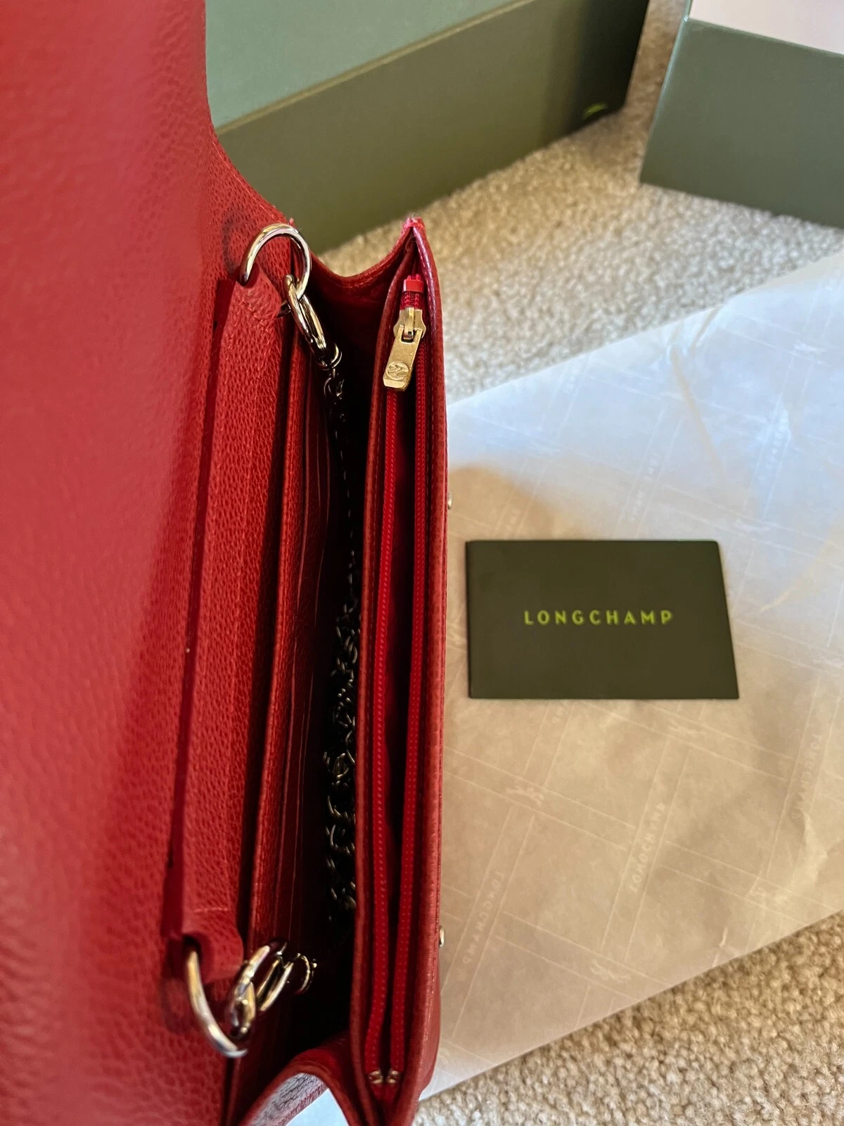 Portafoglio ROSSO Longchamp Le Foulonne su catena tracolla in pelle ~nuovo con etichette e confezione regalo