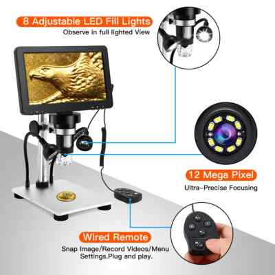 Dcorn Microscope Numérique 7'' 1200X 12MP 1080P - Écran LCD HD Pour Enfants, Étudiants & Adultes + PC/Mac