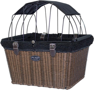 Pet-Pilot MAX Wicker Bike Basket for Dogs/Cats - Includes Wire Cage Top W/Sun Sh
