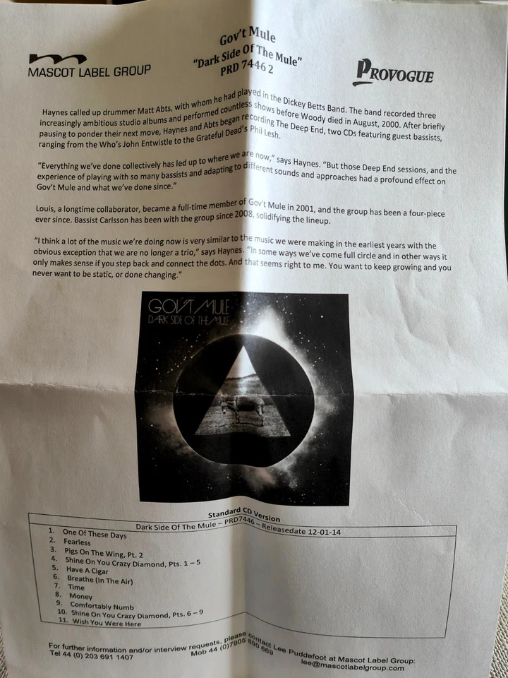 Gov't Mule-Dark Side Of The Mule- Promotional Copy 3CD & DVD & Press Release - Image 2 of 4