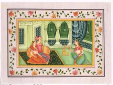 HandMade Painting Of Mughal King And Queen Love Scene On Silk 9x7"