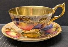 Vintage Aynsley Orchard Fruit Gold Teacup & Saucer Signed England 746 Excellent