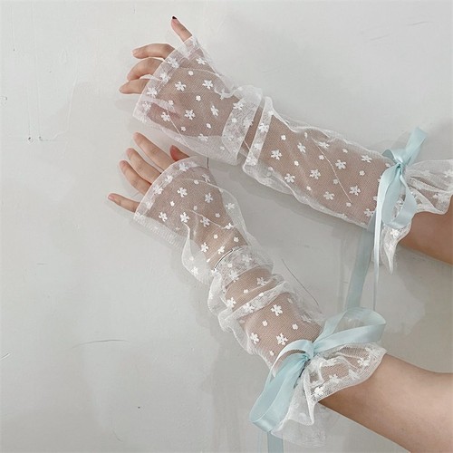 Ribbon Bow Elastic Fingerless Gloves Mesh Elbow Glove Lace Jk Flowers Sunscreen - Picture 2 of 17