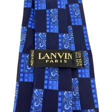 Lanvin Paris Men's Tie Geometric Floral Navy Satin Silk 3 5/8" (W) x 58" (L) euc