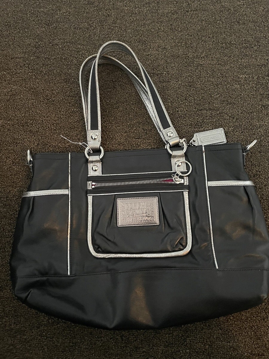 Coach Poppy Large Black/Silver Metallic Leather Satchel