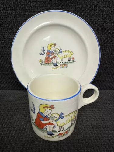 VTG Salem China Co Child's Plate & Mug Girl Lamb Bo Peep Sheep Nursery Rhyme 7"