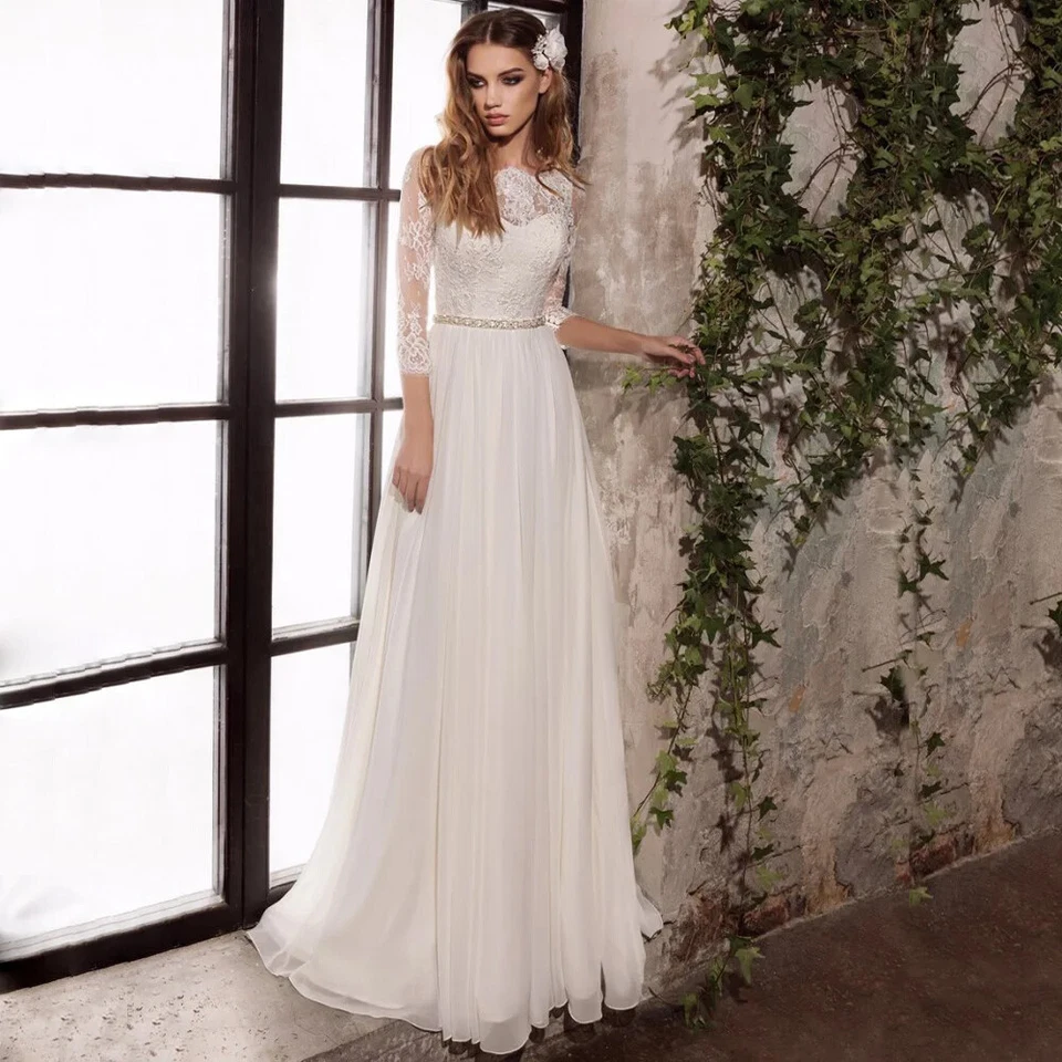 Elegant A-Line Wedding Dresses Round Neck 3/4 Sleeved Lace Applique Bridal Gowns - Image 2 of 4