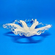 White Encased Murano Italian Style Art Glass Bowl Hand Blown Lacey Vintage Decor
