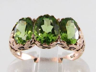 BIG 9CT 9k ROSE GOLD PERIDOT ART DECO INS 3 STONE TRILOGY RING FREE RESIZE