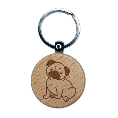 Pug Sitting Dog Engraved Wood Round Keychain Tag Charm