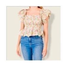 Love the Label Anthropologie Smocked Puff Sleeve Blouse Tank Ines Ivory Sz L