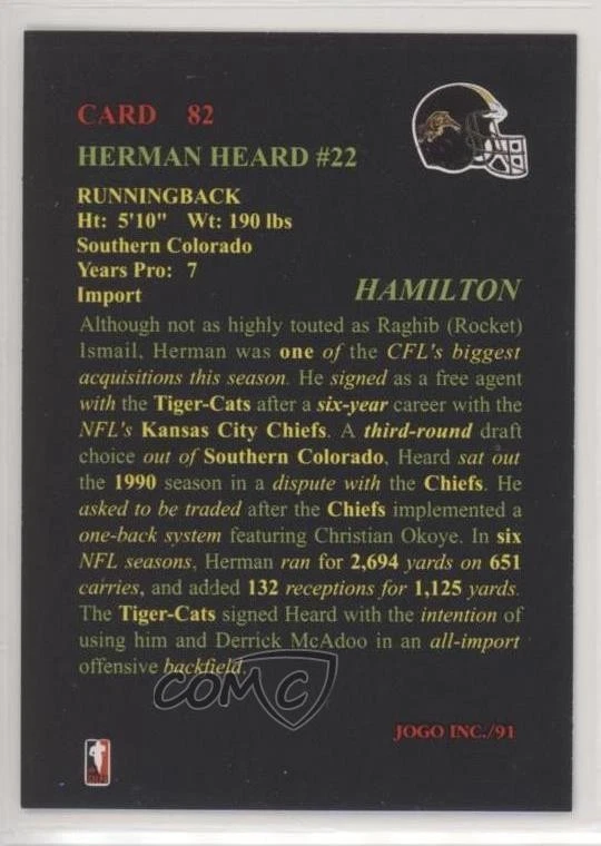 1991 Jogo CFL Herman Heard #82 - Image 2 of 2