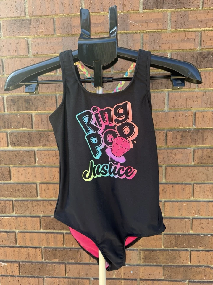 Justice Girls Swimsuit One-Piece Black Ring Pop Logo Cross Strap Size Medium 10 - Image 1 of 4