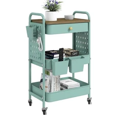3 Tier Rolling Cart Metal Utility with Wooden Table Top & DIY Pegboard Carts