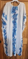 Resort Line Vintage 70  s Pleated Hawaiian Caftan White Teal Blue OS READ DESC