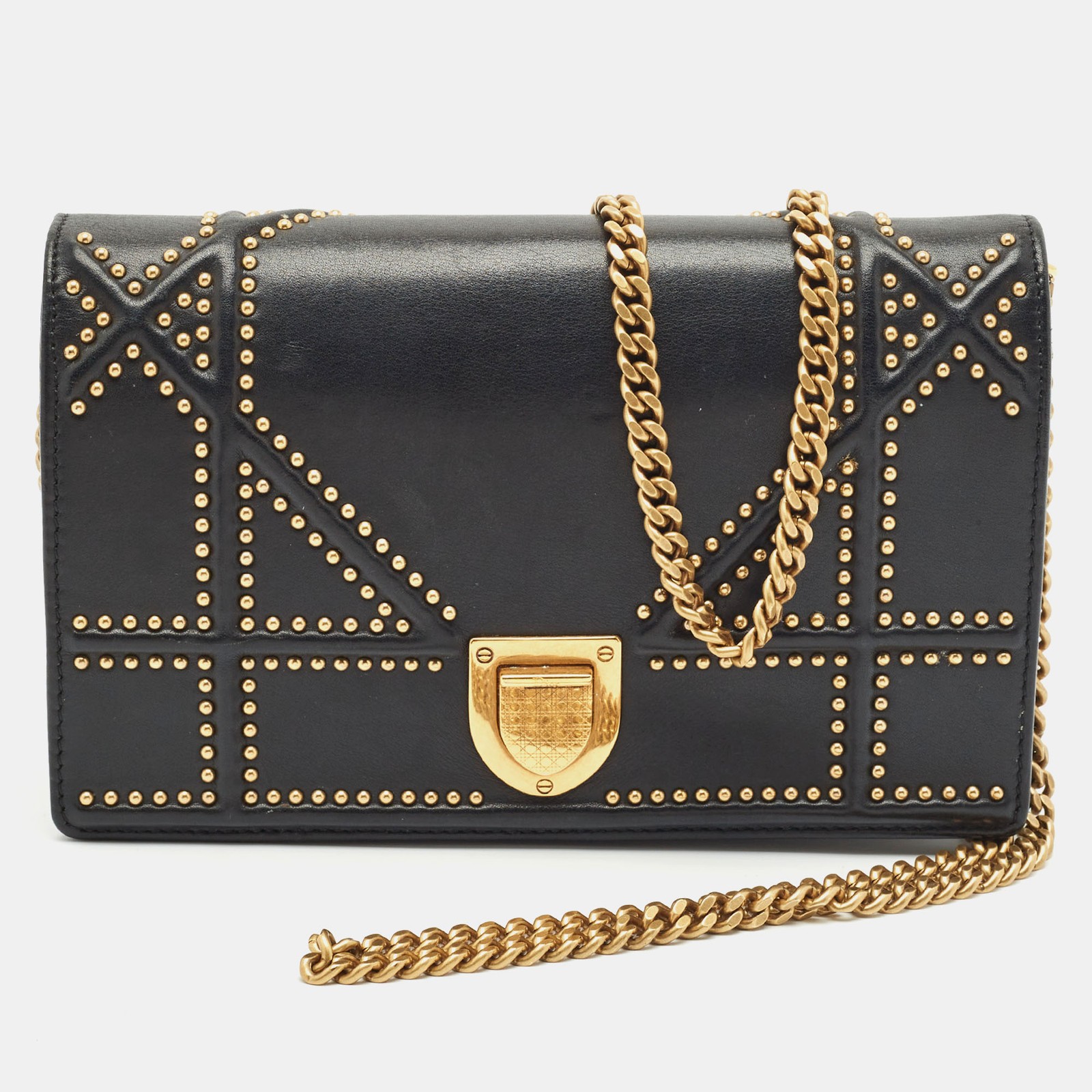 Dior Black Leather Studded Diorama WOC with Chain Strap