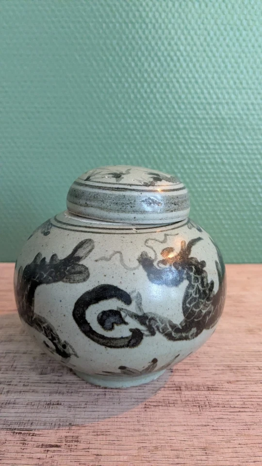 Pot en céramique ancienne – Dragon peint à la main – Jarre artisanale asiatique - Photo 2/4