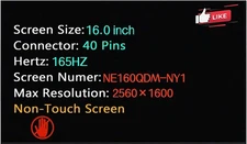 16.0" LCD Screen for Lenovo Thinkpad P1 7th Gen 21KV 21KW QHD 165Hz Non-Touch