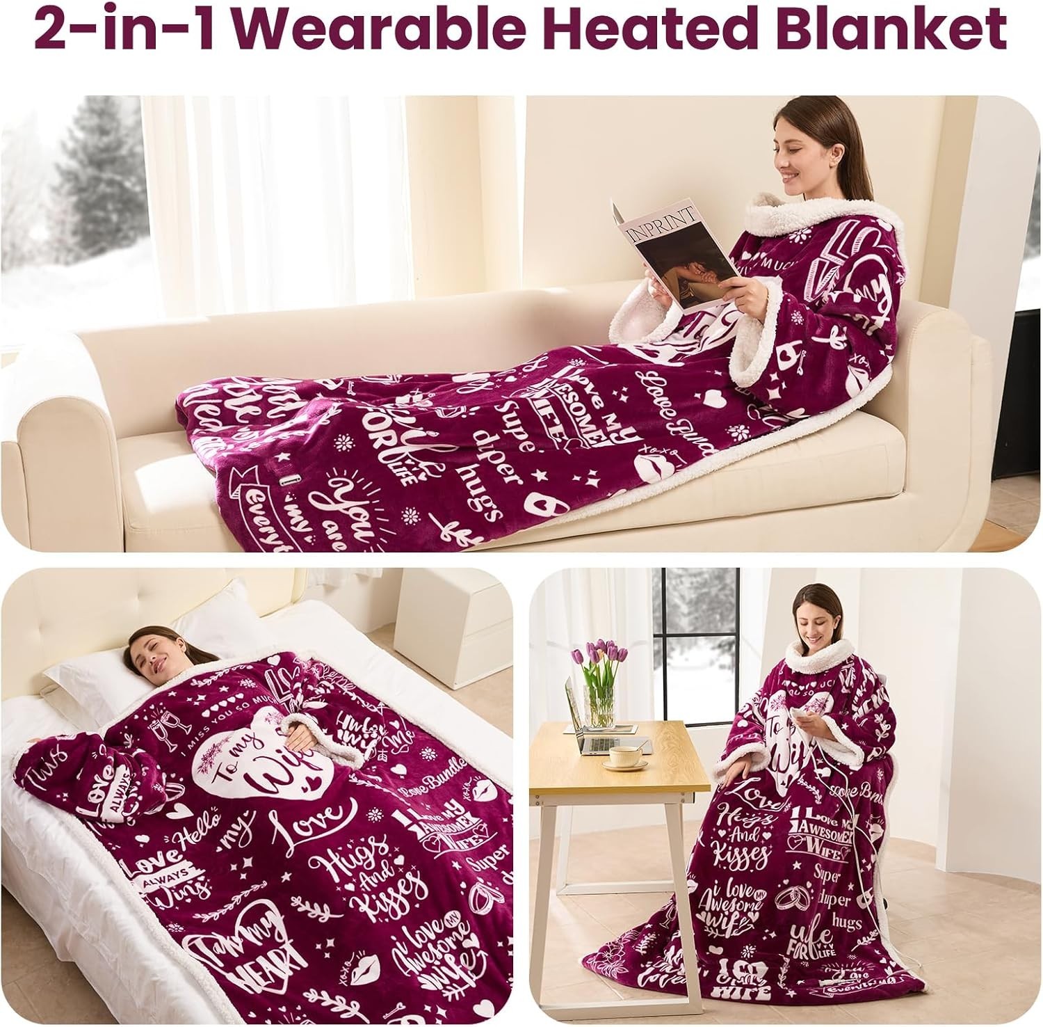 Wearable Heated Blanket with Sleeves Foot Pocket Electric Throw for Women Gift