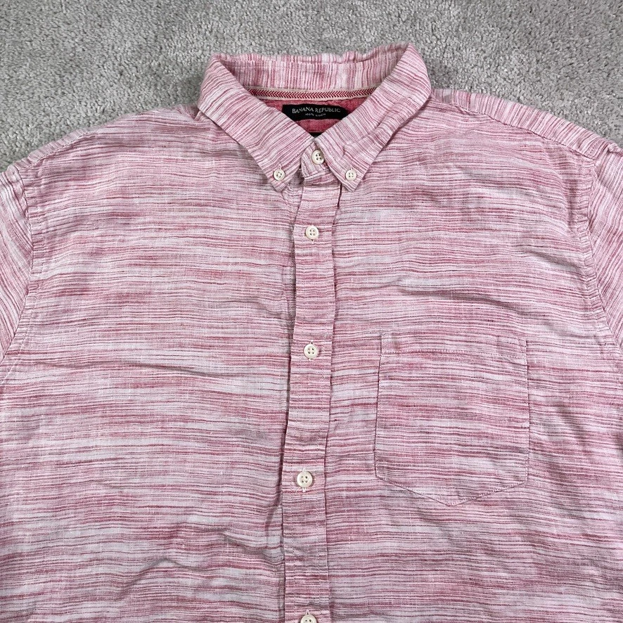 Banana Republic Shirt Mens XL Pink Stripes Linen Camden Fit Short Sleeve