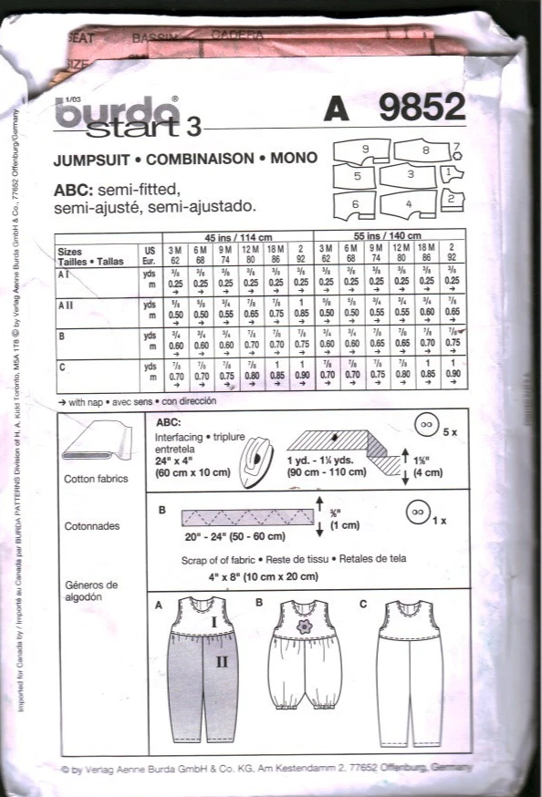 9852 Burda Sewing Pattern Girls Infant Baby Semi Fitted Jumpsuit Romper 12M OOP - Image 2 of 2