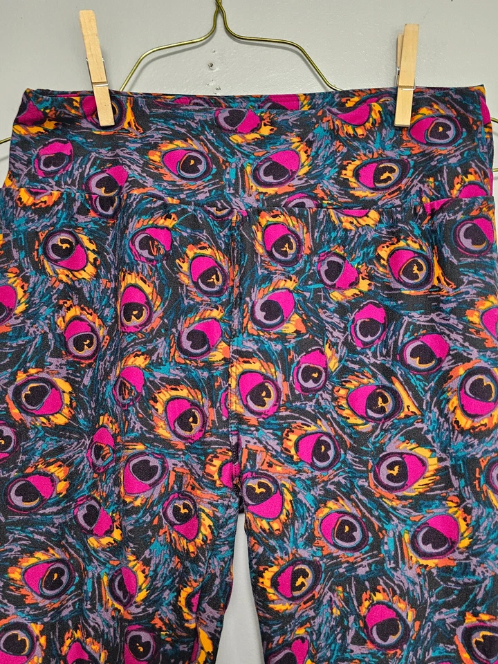 Леггинсы LuLaRoe Peacock design Print один размер розовые зеленые желтые - Изображение 3 из 4