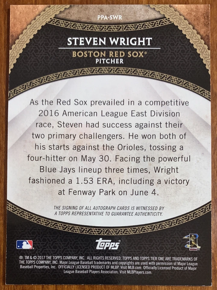 Steven WRIGHT 2017 Topps Tier One On Card AUTO #PPA-SWR 213/300 NM Red Sox - Image 2 of 2