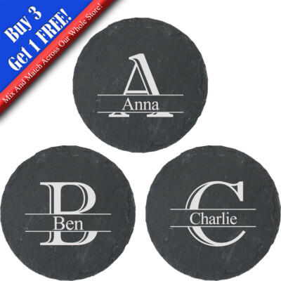 Personalisierte Gravur Neuheit Initiale und Name Runde Schiefer Untersetzer, 4er Set