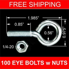 LOT of 100x 1/4-20 screw eye bolts w/nuts ZINC PLATED hooks