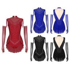 Women Costume Sequin Bodysuit Ballroom Outfits Latin With Metallic Gloves Jazz