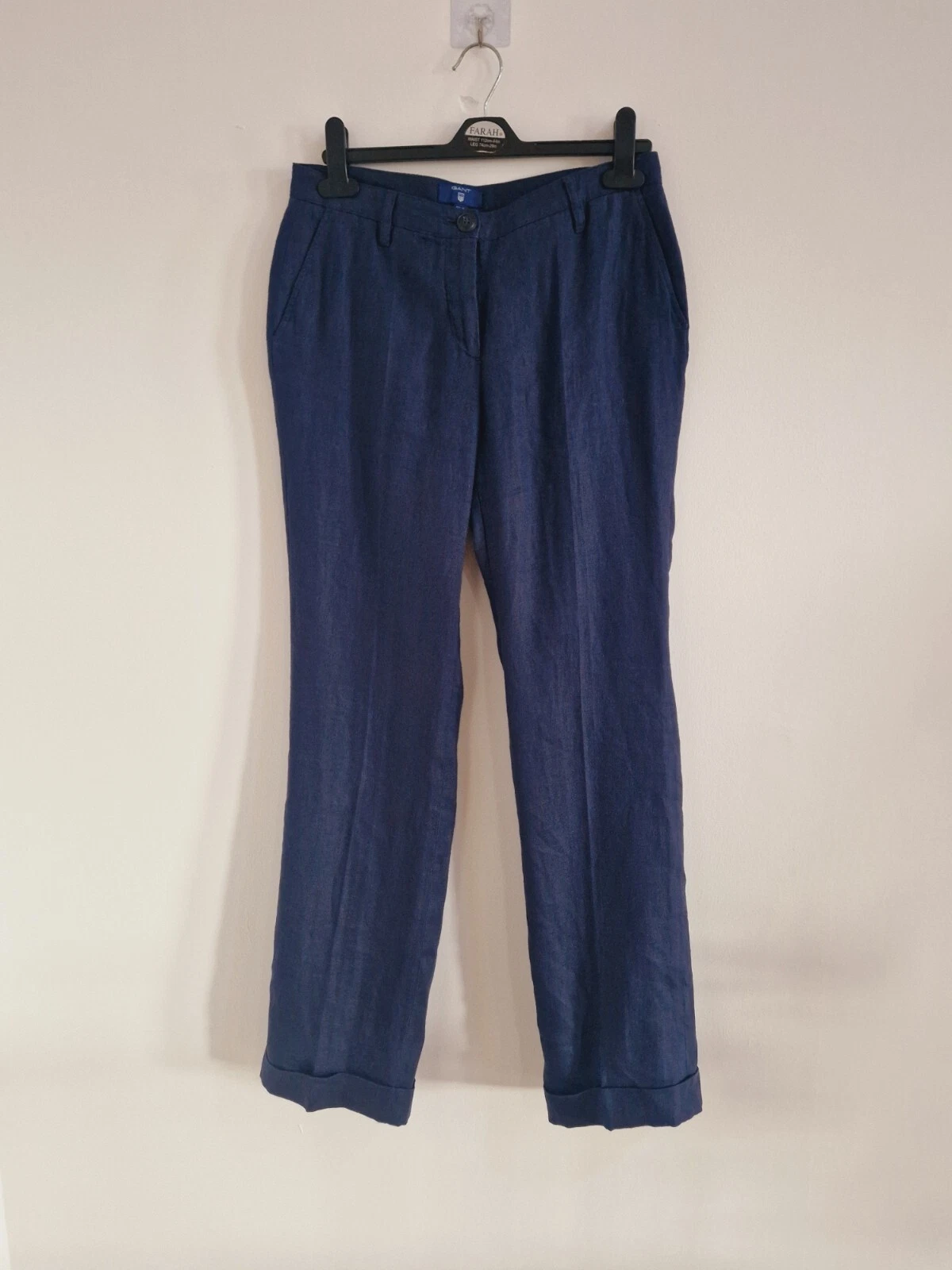 GANT Navy Blue Linen Trousers Size 10 Pockets Womens Pleated Turn Up Hem