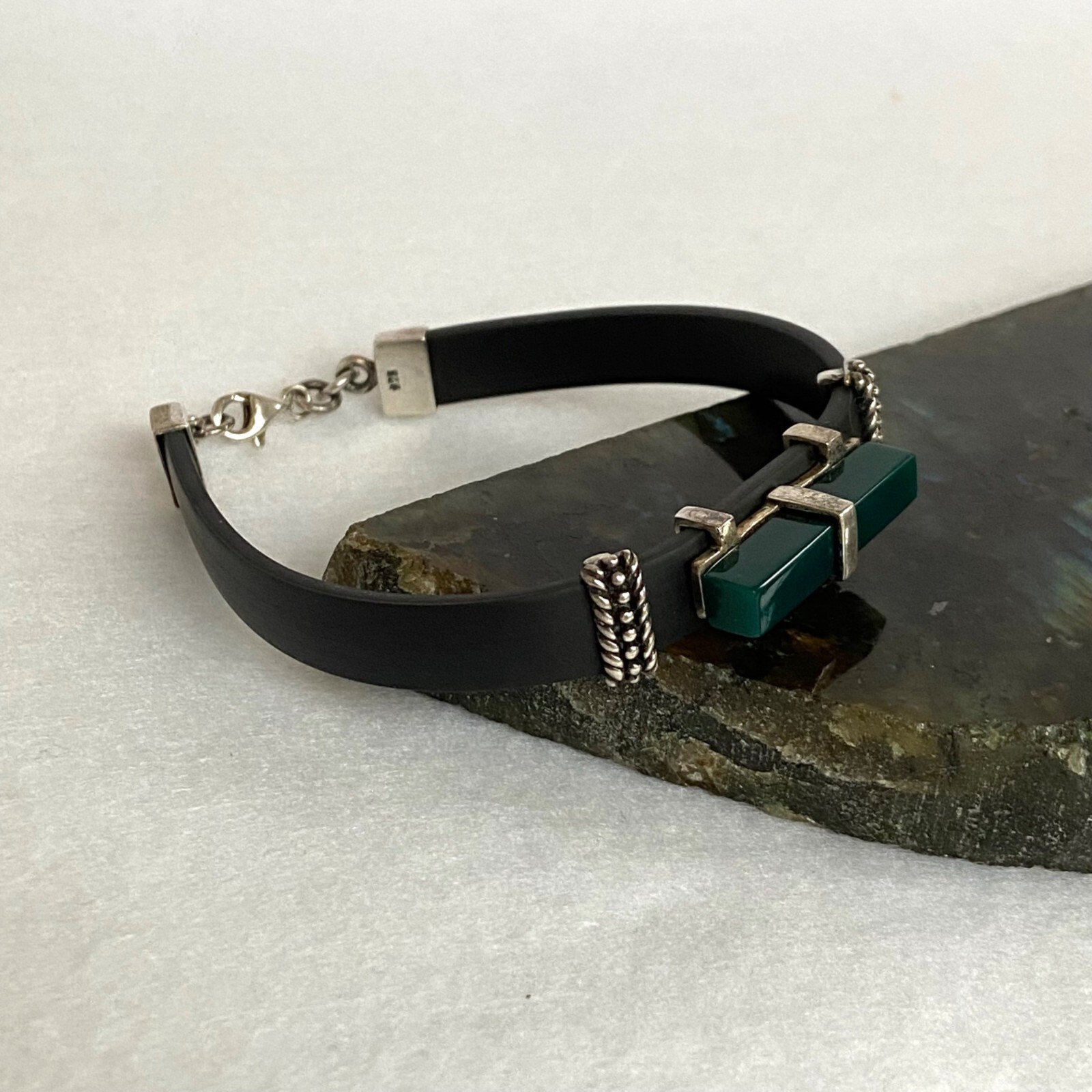 Sterling Silver 925 Rectangular Green Acrylic Bla… - image 5