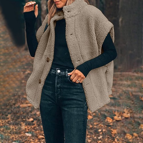 Chaleco sin mangas de cordero polar abrigo mujer informal chaqueta con botones chaleco cálido - Imagen 12 de 46