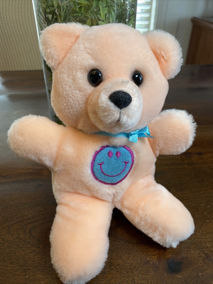 Vintage 1988 Dakin Peach Teddy Bear Blue Smiley Face 10” Plush