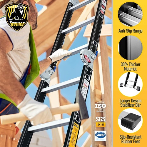 Ladder,Bryner 7 in 1 Multi-Purpose Ladder Aluminium Extension Ladder 12Ft 330lbs - Picture 3 of 7