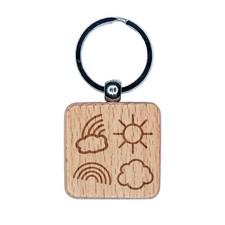Rainbow Clouds Sun Medley Engraved Wood Square Keychain Tag Charm