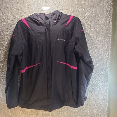 Columbia Interchange Hooded Jacket L Black Pink Nylon Full Zip Rain Windbreaker