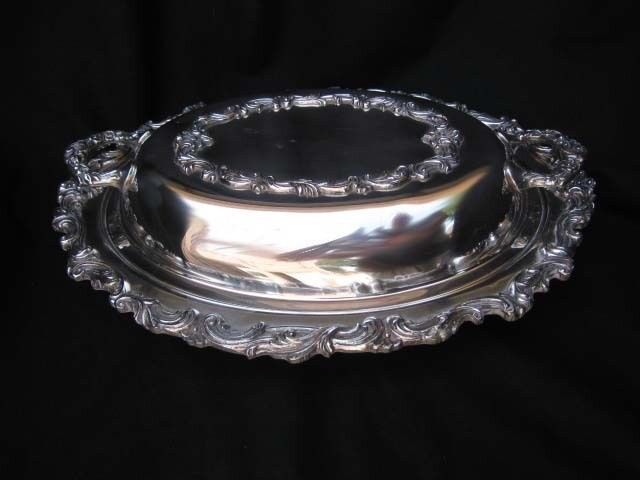 Elegant Ornate Vintage Silver 12” Oval Covered Serving Dish with Hallmarks