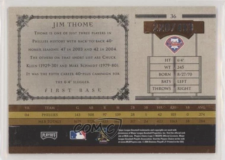 2005 Playoff Prime Cuts /499 Jim Thome #36 HOF - Image 2 of 2