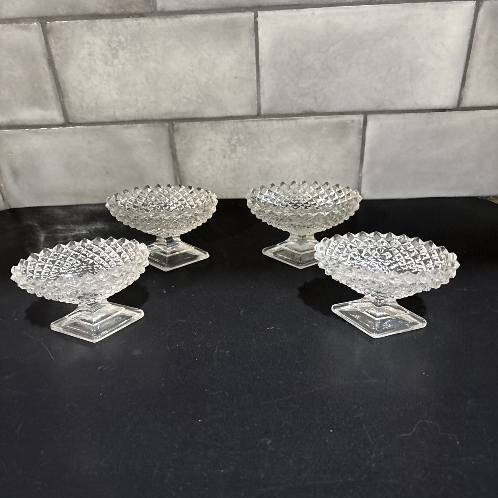Antique 4 Glass Pedestal Salt Cellars Diamond Hobnail Pattern