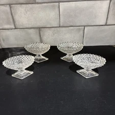 Antique 4 Glass Pedestal Salt Cellars Diamond Hobnail Pattern