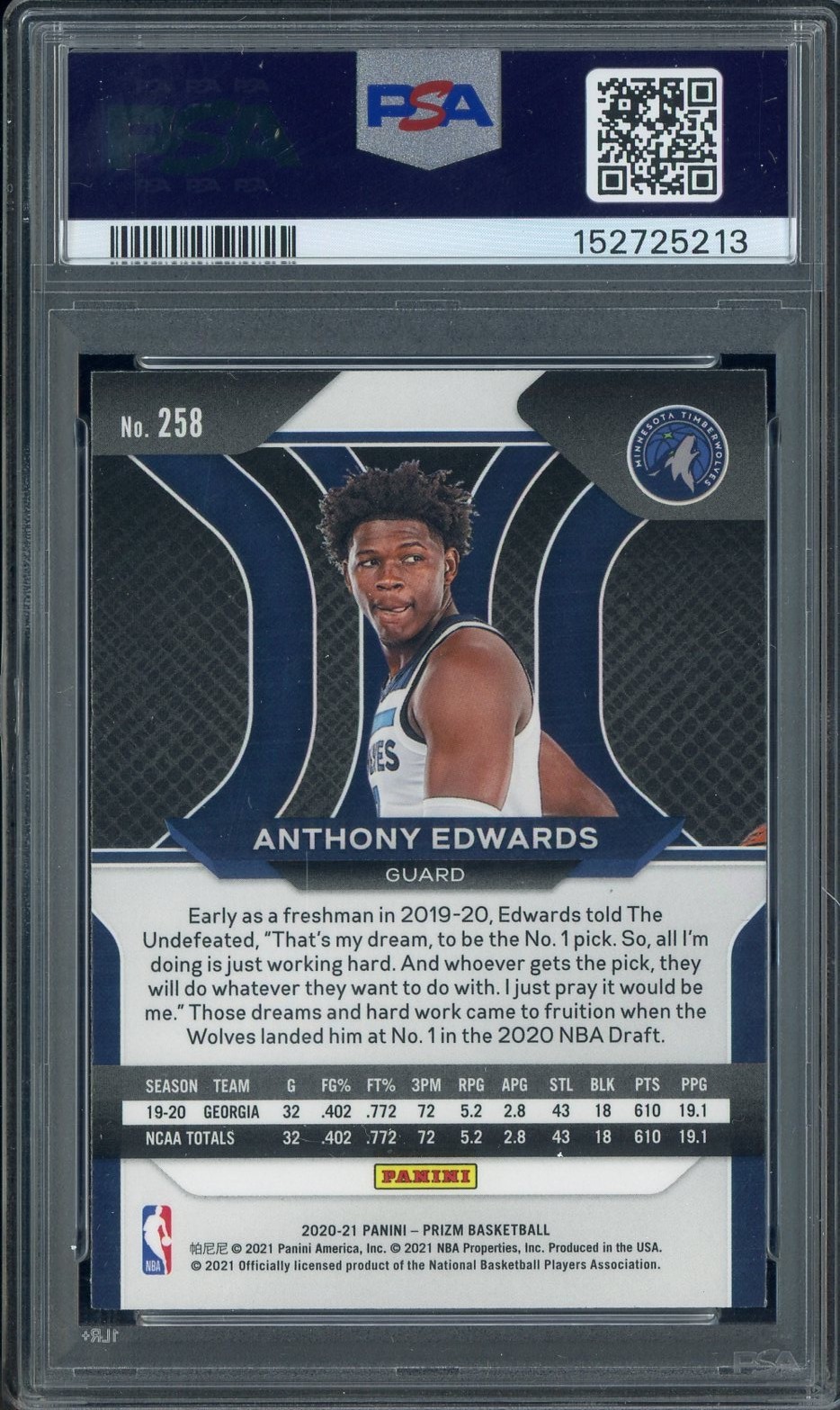 2020 Panini Prizm #258 Anthony Edwards Timberwolves RC Rookie PSA 10 GEM MINT view 2