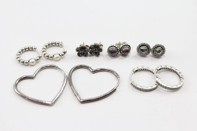 3 Pandora Sterling Silver Earrings Birthstone Heart Hoops Floral Studs x 6 (18g)