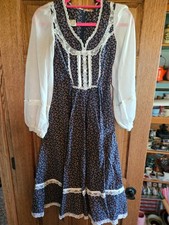 Gunne Sax by Jessica 1970s Navy Floral Maxi Dress Original Cream Lace size 7