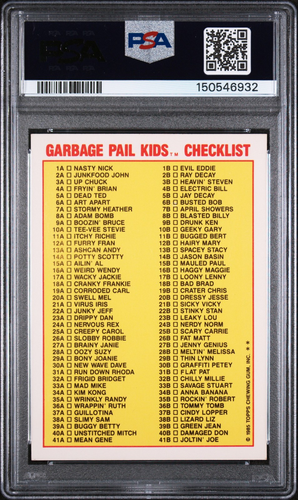 1985 GARBAGE PAIL KIDS STICKERS CHECKLIST #8A ADAM BOMB PSA 6 view 2