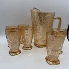 Jeannette Glass Louisa Floragold Marigold Iridescent Pitcher & 6 Tumbler Glasses