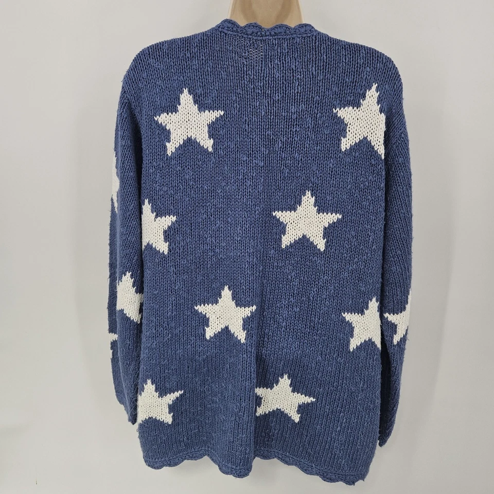 VTG Quacker Factory Hand Knit Cardigan Sweater SZ M Blue Stars Flag Patriotic - Image 3 of 4
