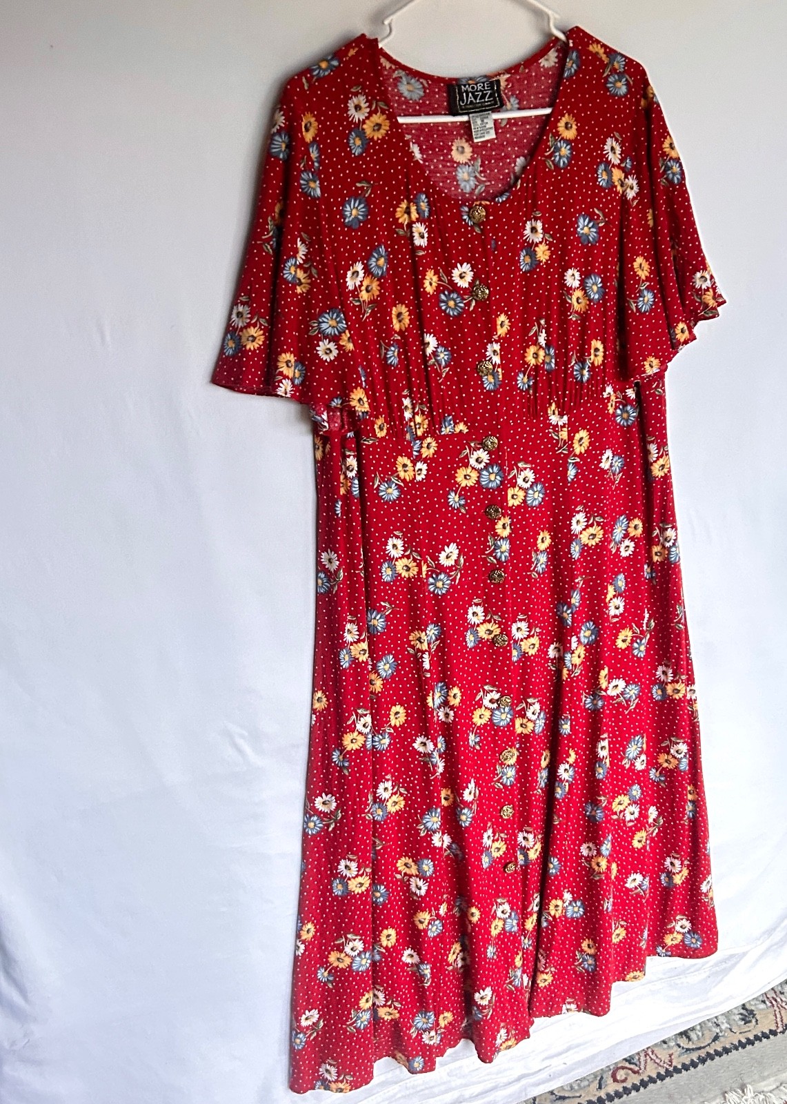 More Jazz Chorus Line Button Front Red Floral Holiday Midi Maxi Dress 16 XL VTG