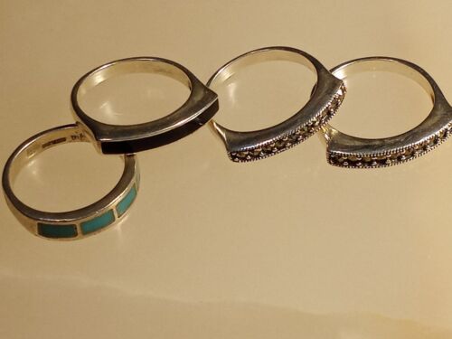 Four Sterling Silver Rings Marcasite Chrysoprase Coral - Picture 4 of 4
