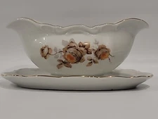Vintage Mitterteich Gravy Boat w/Attached Underplate Brown Floral Norwey Roses